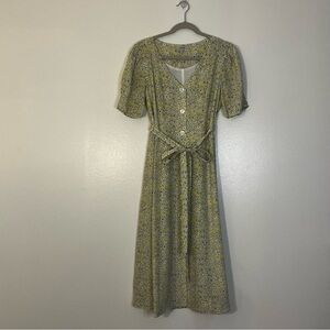 New Ditsy floral yellow Silk midi dress J Peterman Womens size S button down